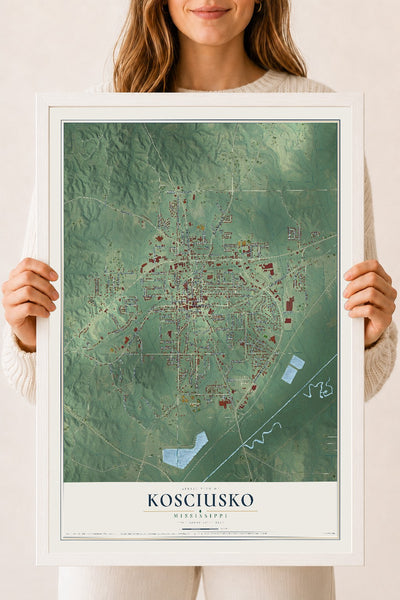 Map of Kosciusko, Mississippi, 18 x 24 inch print in a white wood frame