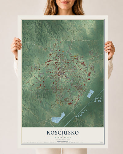 Map of Kosciusko, Mississippi, 24 x 36 inch unframed archival matte print