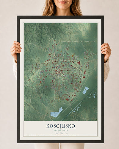 Map of Kosciusko, Mississippi, 24 x 36 inch print in a black wood frame