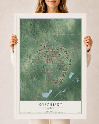 Map of Kosciusko, Mississippi, 24 x 36 inch print in a white wood frame