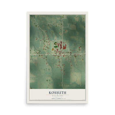 Map of Kossuth, Mississippi, 12 x 18 inch unframed archival matte print