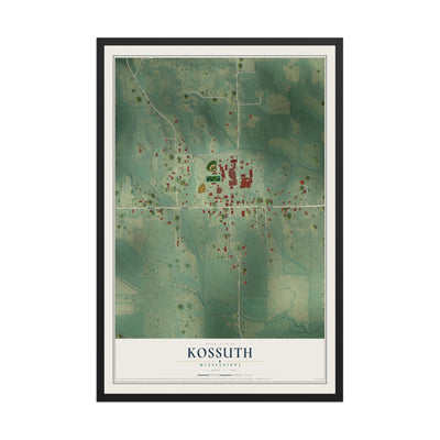 Map of Kossuth, Mississippi, 12 x 18 inch print in a black wood frame