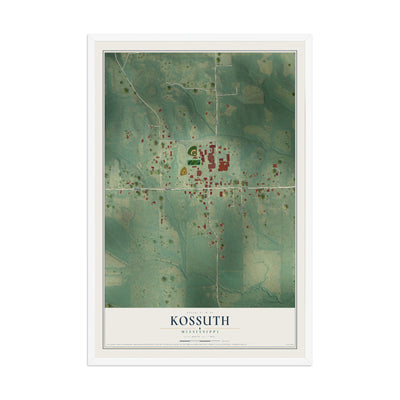 Map of Kossuth, Mississippi, 12 x 18 inch print in a white wood frame