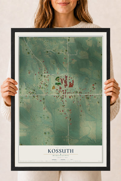 Map of Kossuth, Mississippi, 18 x 24 inch print in a black wood frame