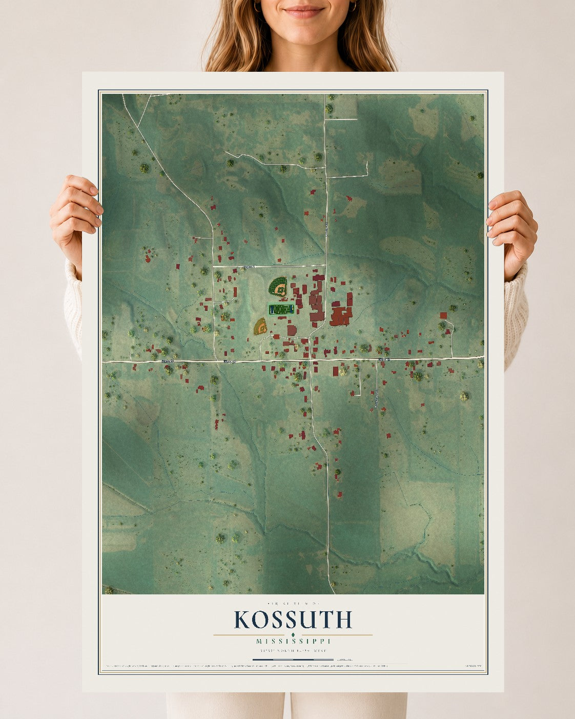 Map of Kossuth, Mississippi, 24 x 36 inch unframed archival matte print