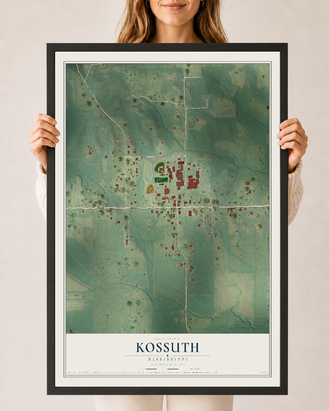 Map of Kossuth, Mississippi, 24 x 36 inch print in a black wood frame