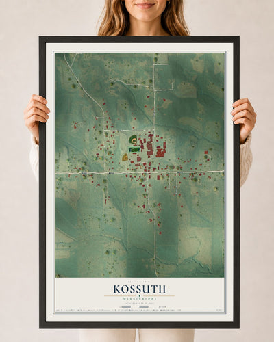 Map of Kossuth, Mississippi, 24 x 36 inch print in a black wood frame