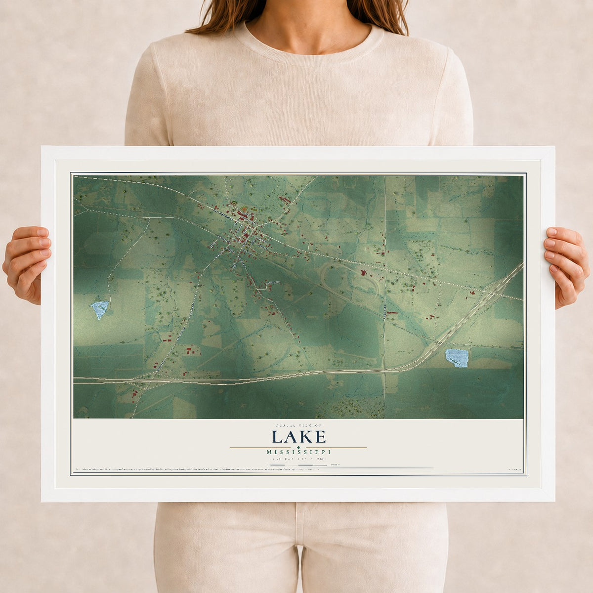 Map of Lake, Mississippi, 12 x 18 inch print in a white wood frame
