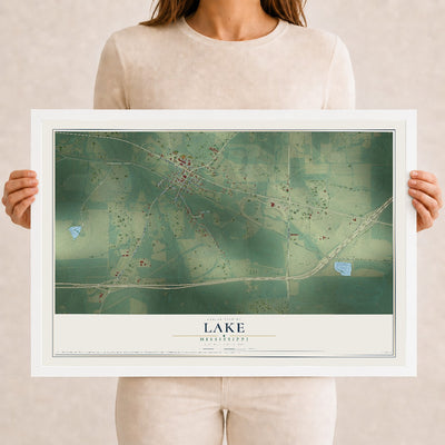 Map of Lake, Mississippi, 12 x 18 inch print in a white wood frame