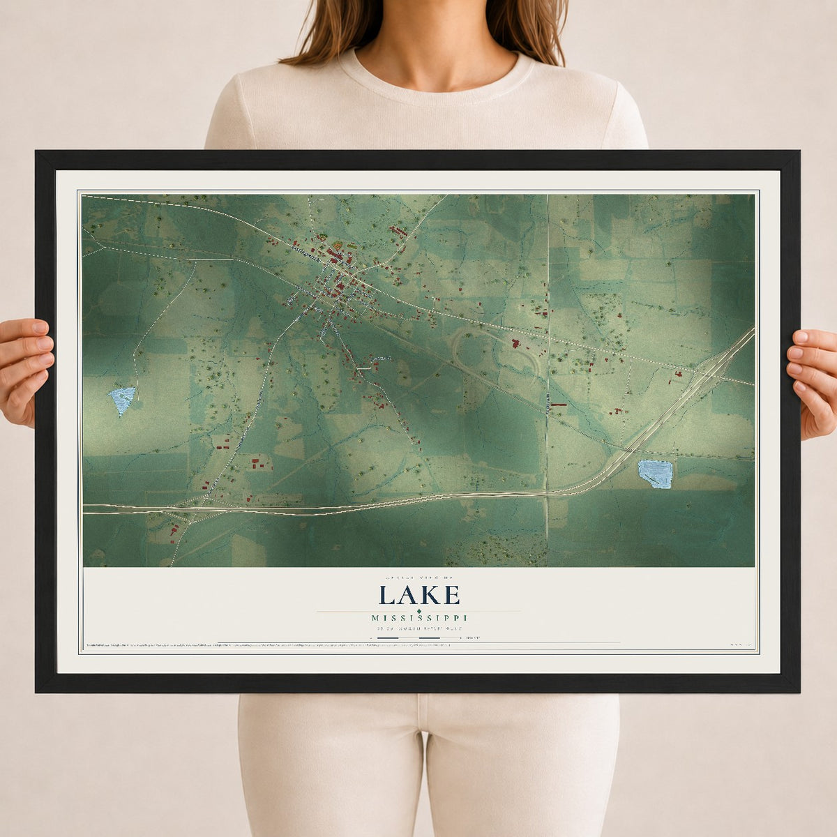 Map of Lake, Mississippi, 18 x 24 inch print in a black wood frame
