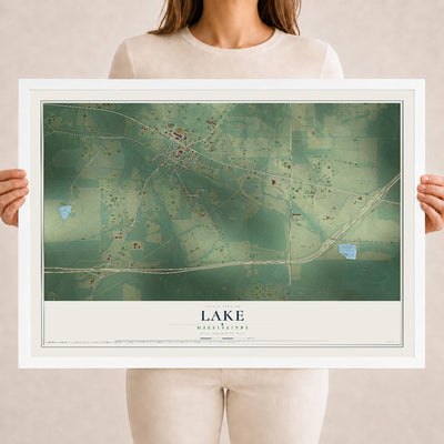 Map of Lake, Mississippi, 18 x 24 inch print in a white wood frame