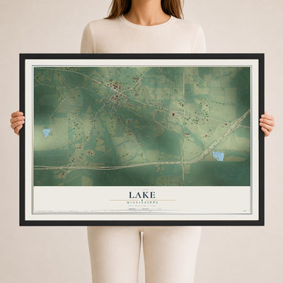 Map of Lake, Mississippi, 24 x 36 inch print in a black wood frame