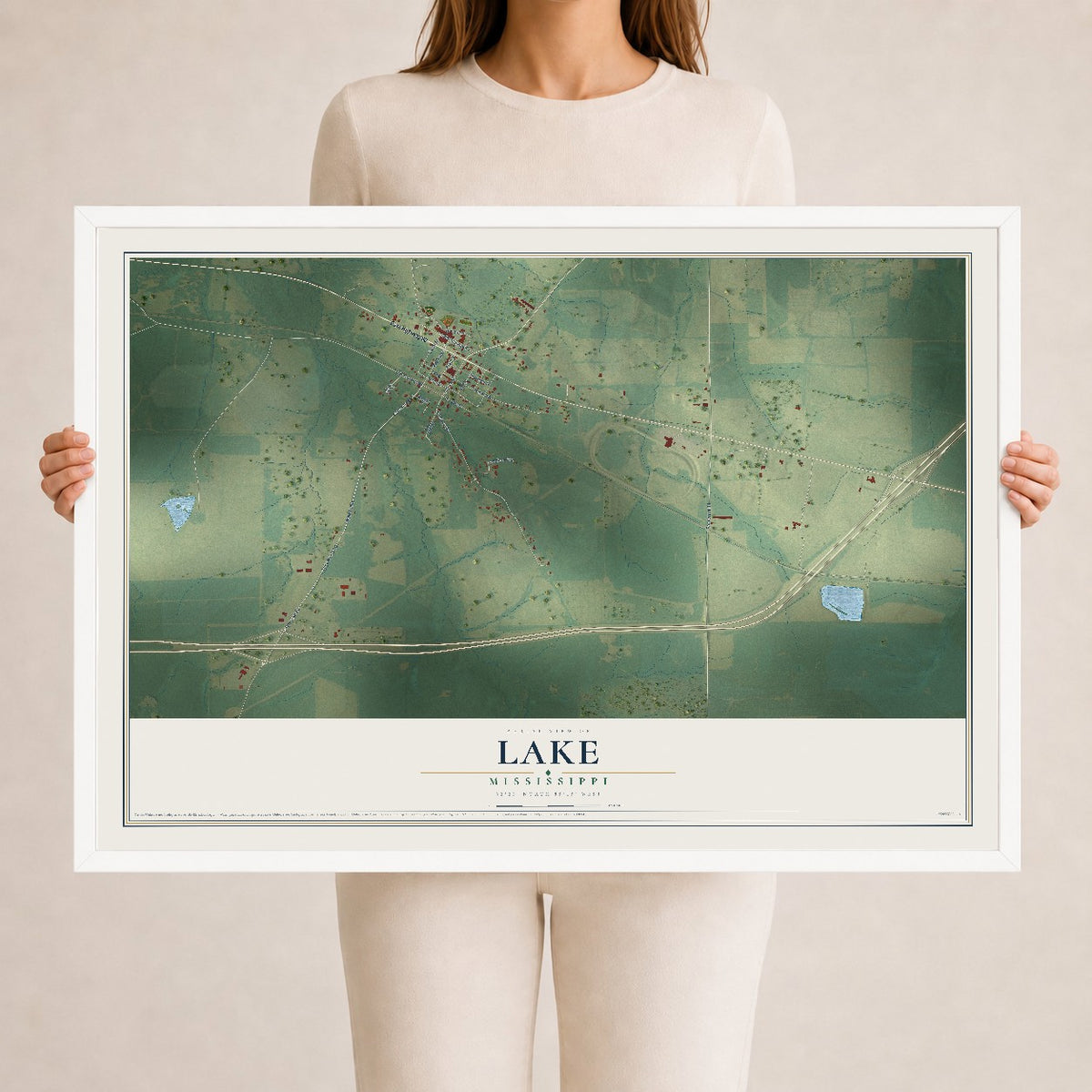Map of Lake, Mississippi, 24 x 36 inch print in a white wood frame