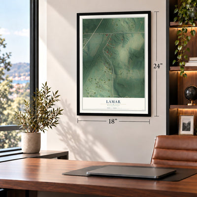 Lamar, Mississippi map, 18 x 24 inch print in a black frame in a home office