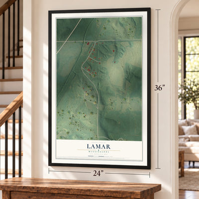 Lamar, Mississippi map, 24 x 36 inch print in a black frame by a staircase