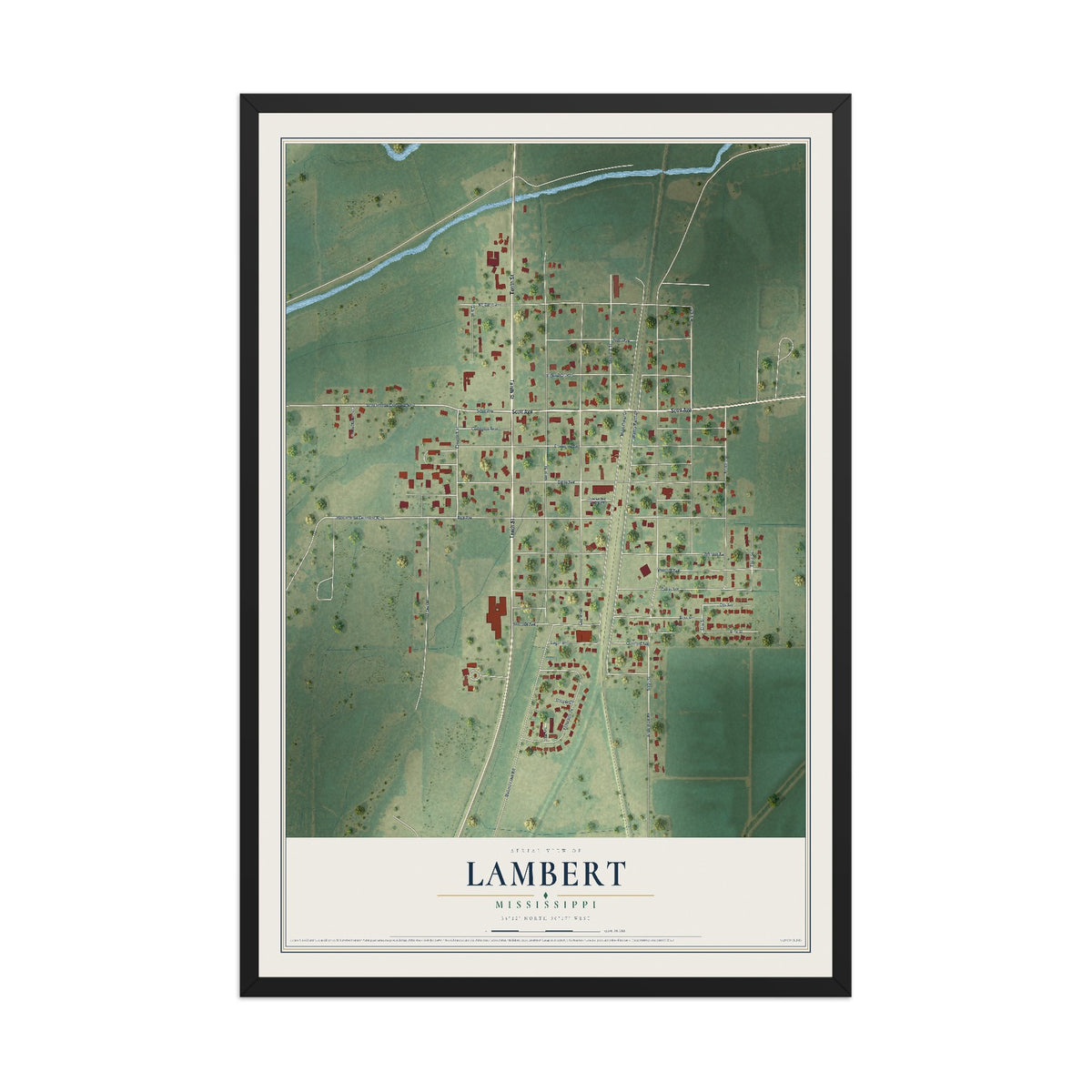 Map of Lambert, Mississippi, 12 x 18 inch print in a black wood frame