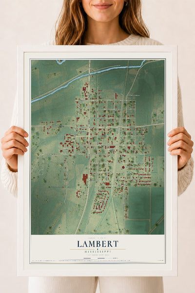 Map of Lambert, Mississippi, 18 x 24 inch print in a white wood frame