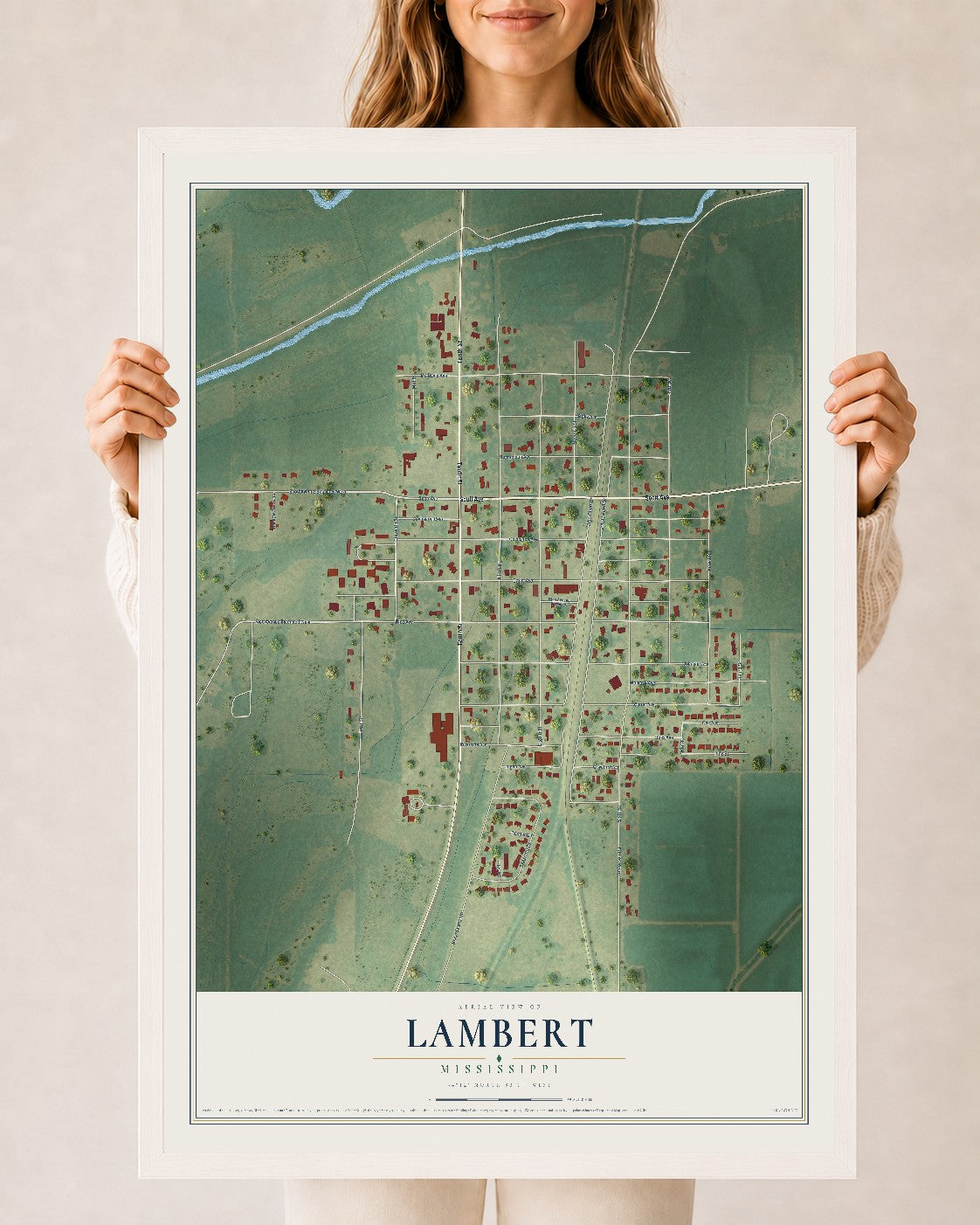 Map of Lambert, Mississippi, 24 x 36 inch print in a white wood frame