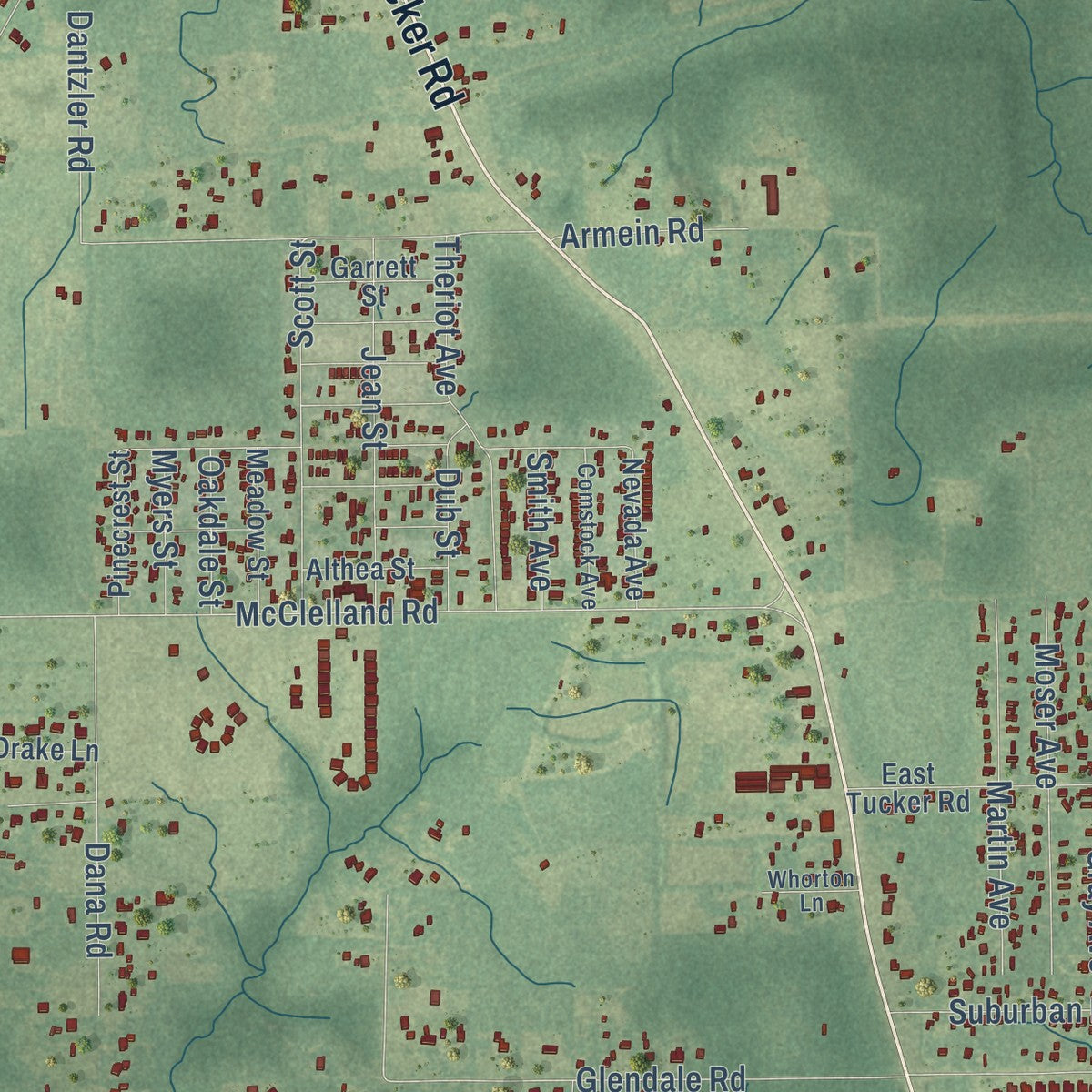 Close-up of the map of Latimer, Mississippi print showing street and building detail