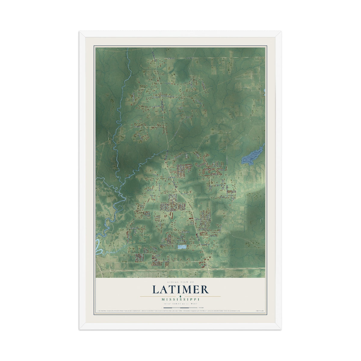 Map of Latimer, Mississippi, 12 x 18 inch print in a white wood frame