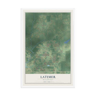 Map of Latimer, Mississippi, 12 x 18 inch print in a white wood frame