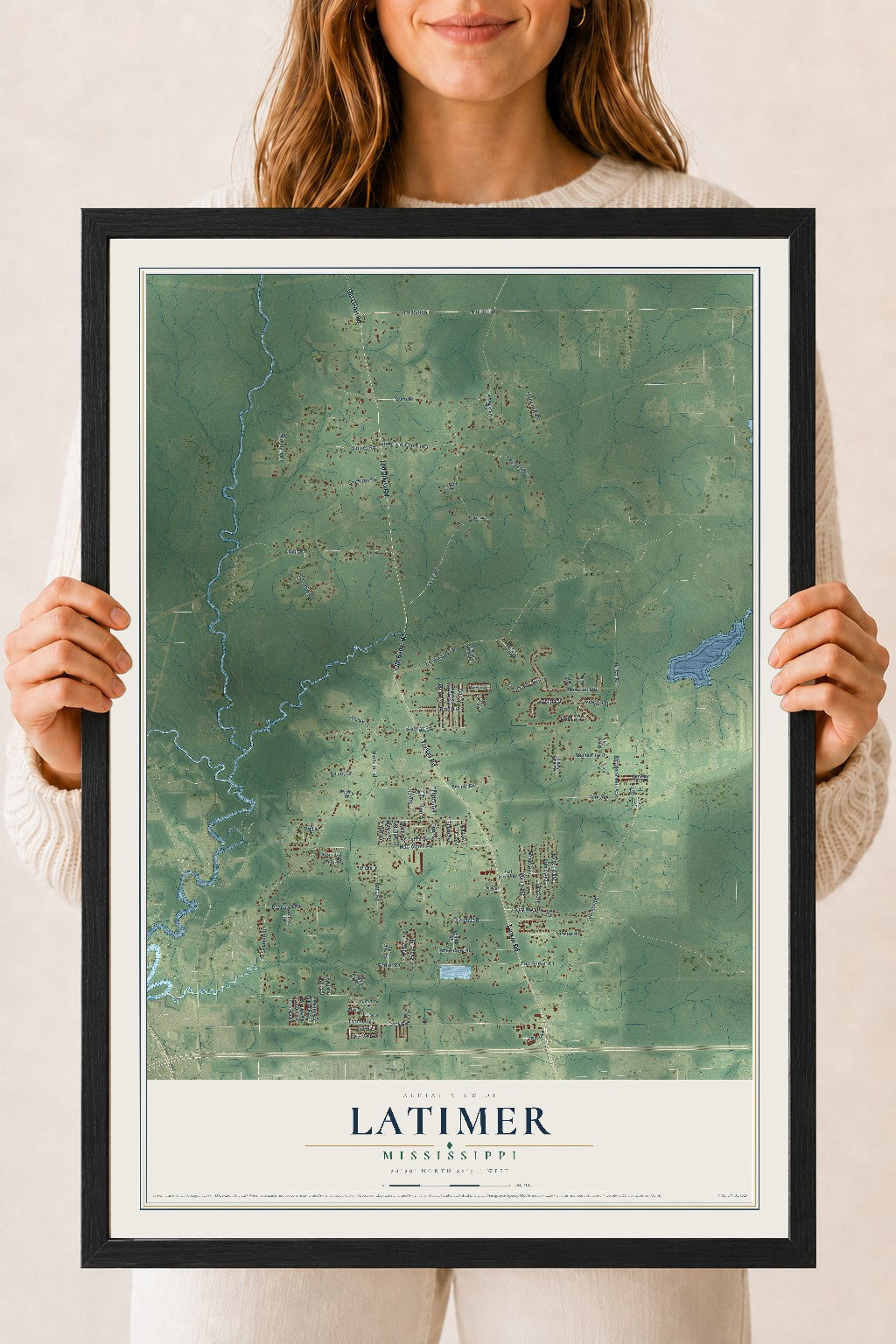Map of Latimer, Mississippi, 18 x 24 inch print in a black wood frame