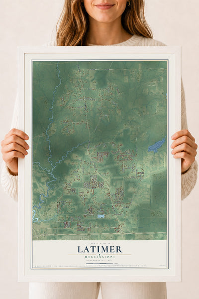 Map of Latimer, Mississippi, 18 x 24 inch print in a white wood frame