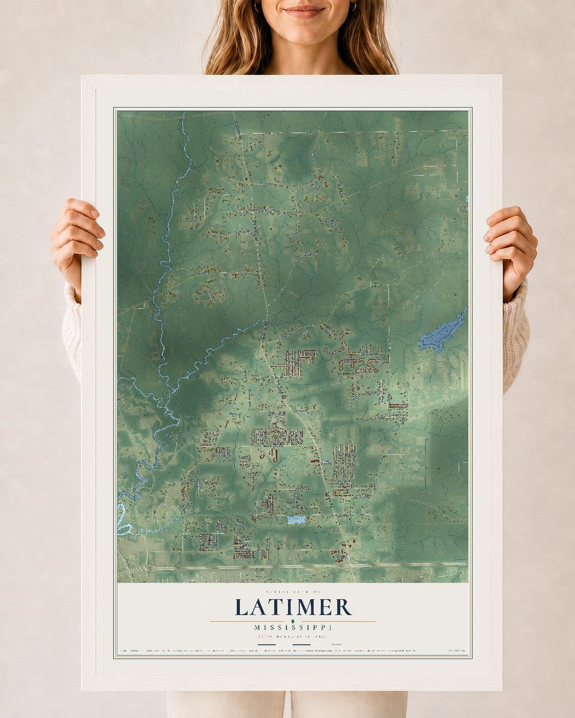 Map of Latimer, Mississippi, 24 x 36 inch print in a white wood frame