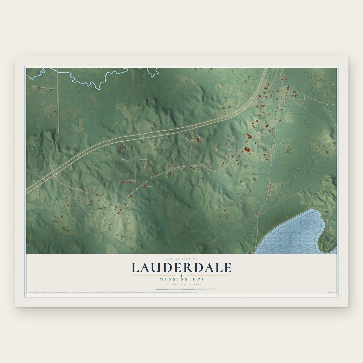 Lauderdale, Mississippi map print, the full design