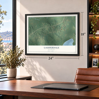 Lauderdale, Mississippi map, 18 x 24 inch print in a black frame in a home office