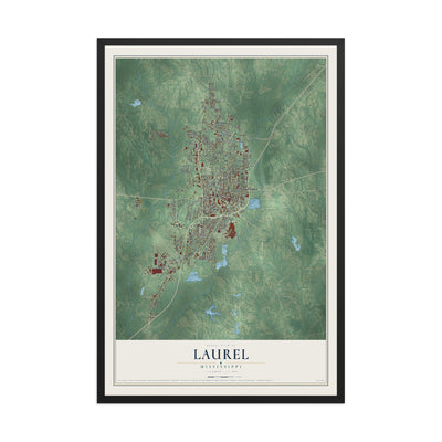 Map of Laurel, Mississippi, 12 x 18 inch print in a black wood frame