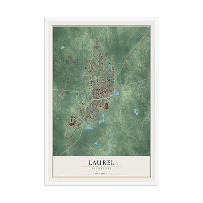 Map of Laurel, Mississippi, 12 x 18 inch print in a white wood frame
