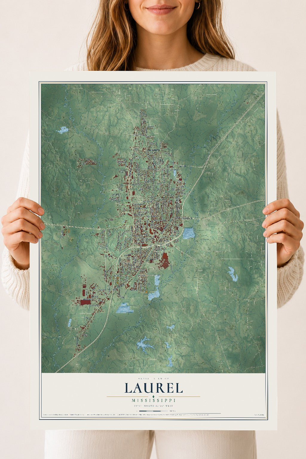 Map of Laurel, Mississippi, 18 x 24 inch unframed archival matte print