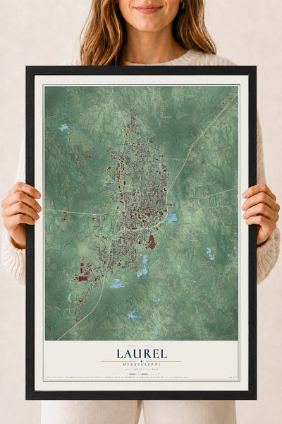 Map of Laurel, Mississippi, 18 x 24 inch print in a black wood frame
