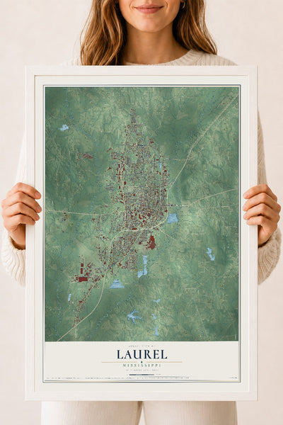 Map of Laurel, Mississippi, 18 x 24 inch print in a white wood frame