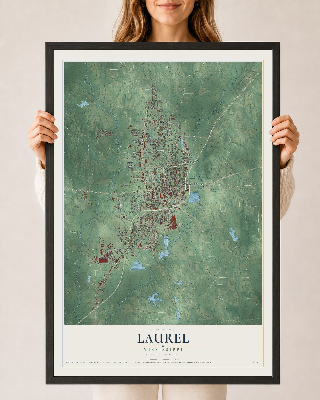 Map of Laurel, Mississippi, 24 x 36 inch print in a black wood frame