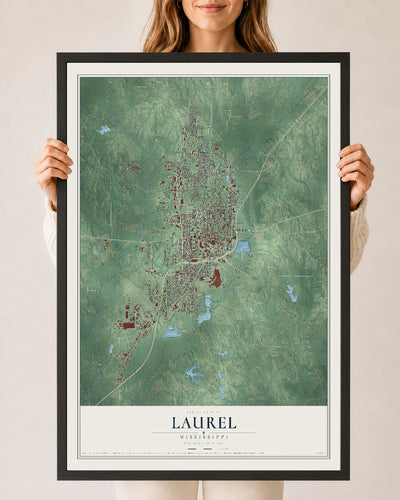 Map of Laurel, Mississippi, 24 x 36 inch print in a black wood frame