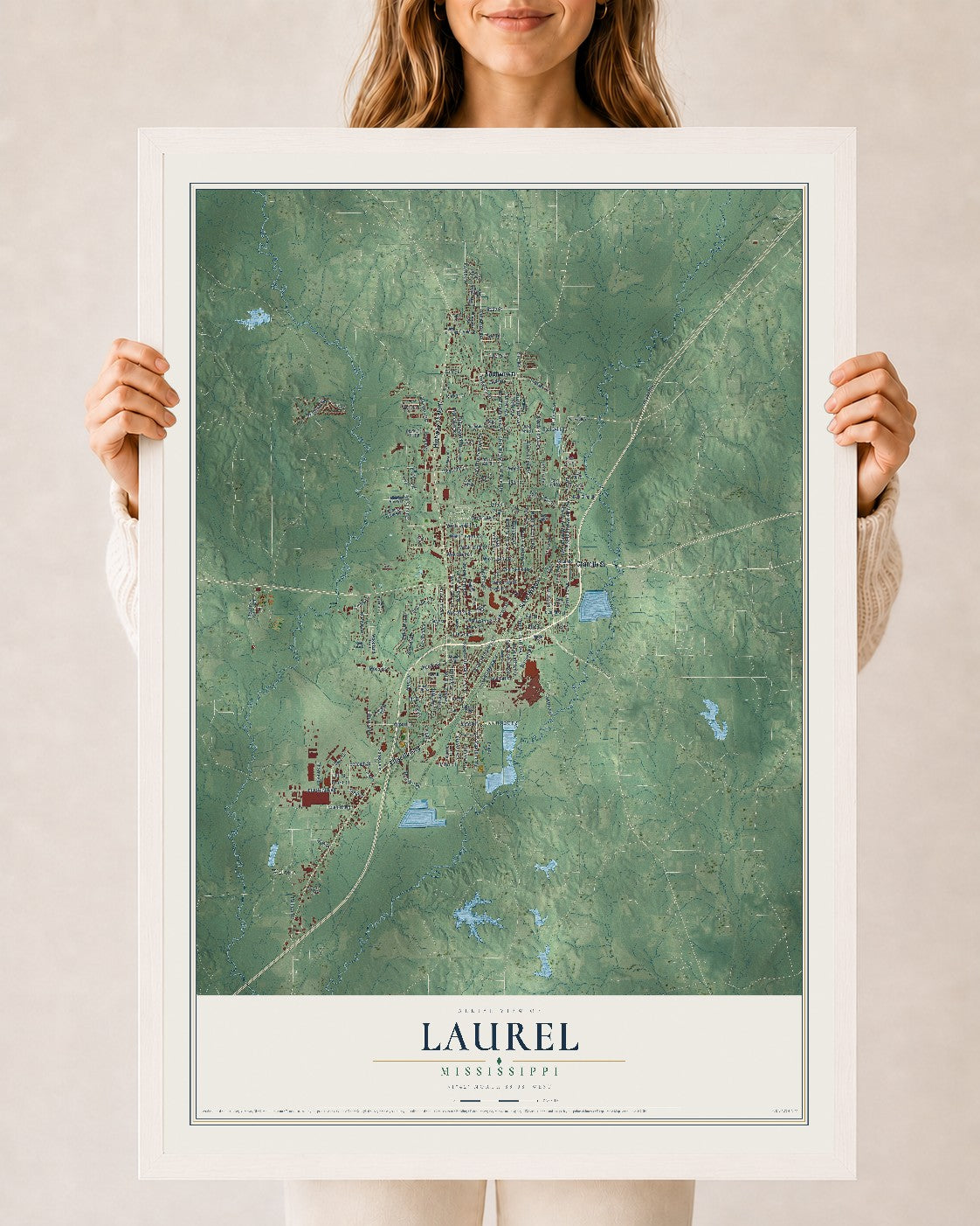 Map of Laurel, Mississippi, 24 x 36 inch print in a white wood frame