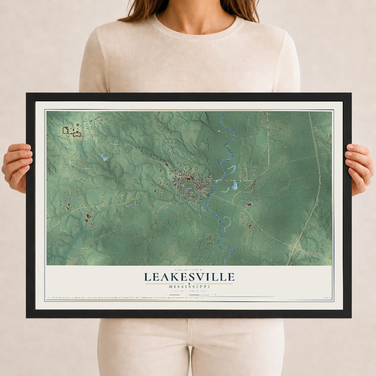 Map of Leakesville, Mississippi, 12 x 18 inch print in a black wood frame