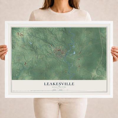 Map of Leakesville, Mississippi, 18 x 24 inch print in a white wood frame