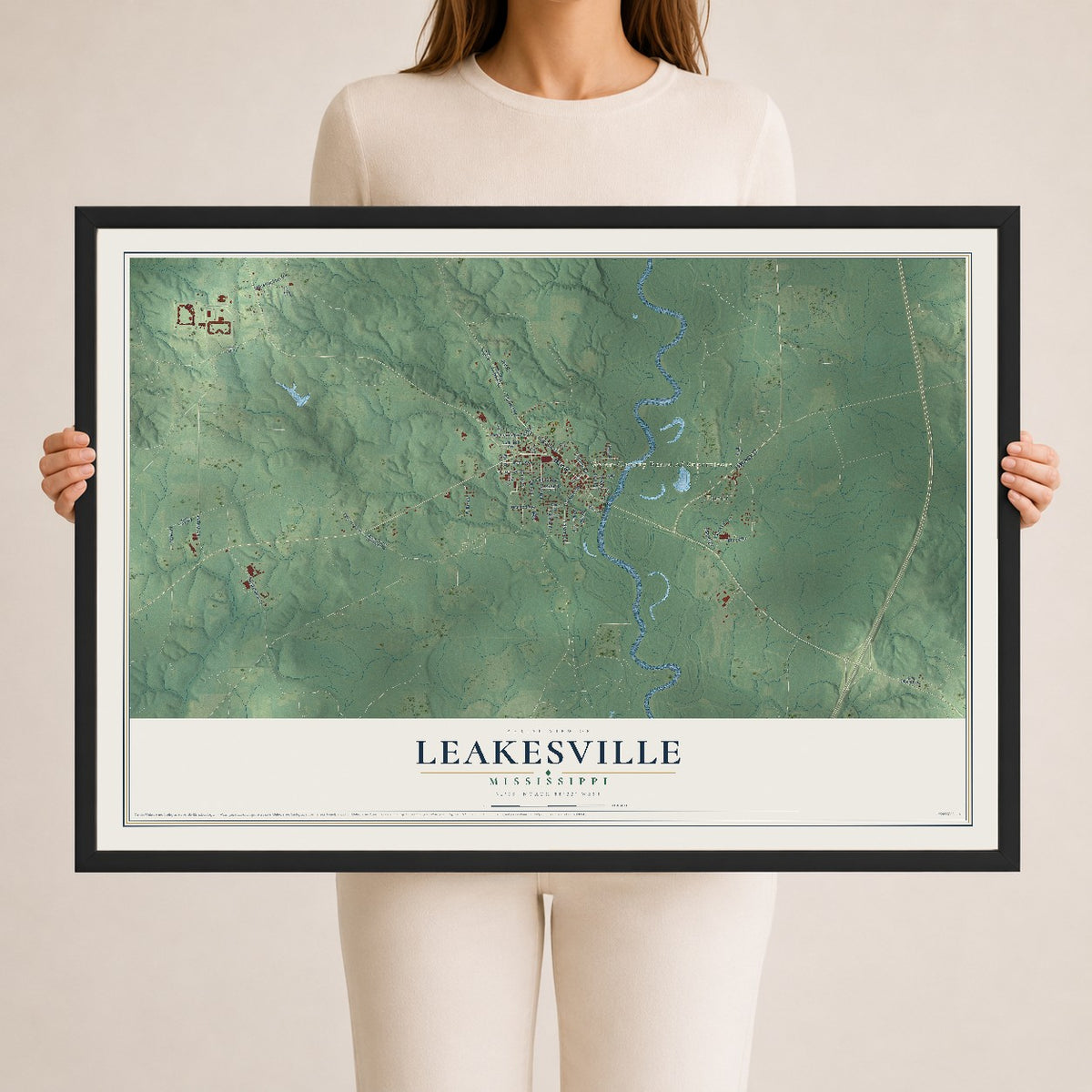 Map of Leakesville, Mississippi, 24 x 36 inch print in a black wood frame
