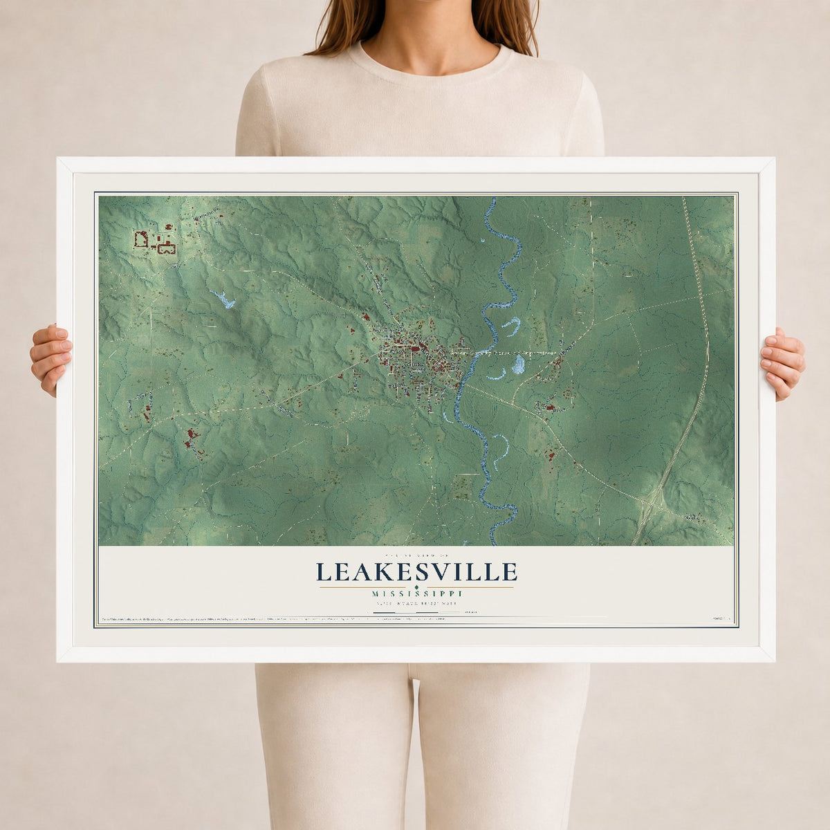 Map of Leakesville, Mississippi, 24 x 36 inch print in a white wood frame
