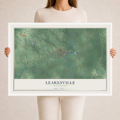 Map of Leakesville, Mississippi, 24 x 36 inch print in a white wood frame
