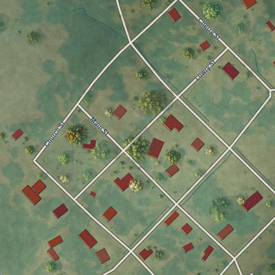 Close-up of the map of Learned, Mississippi print showing street and building detail