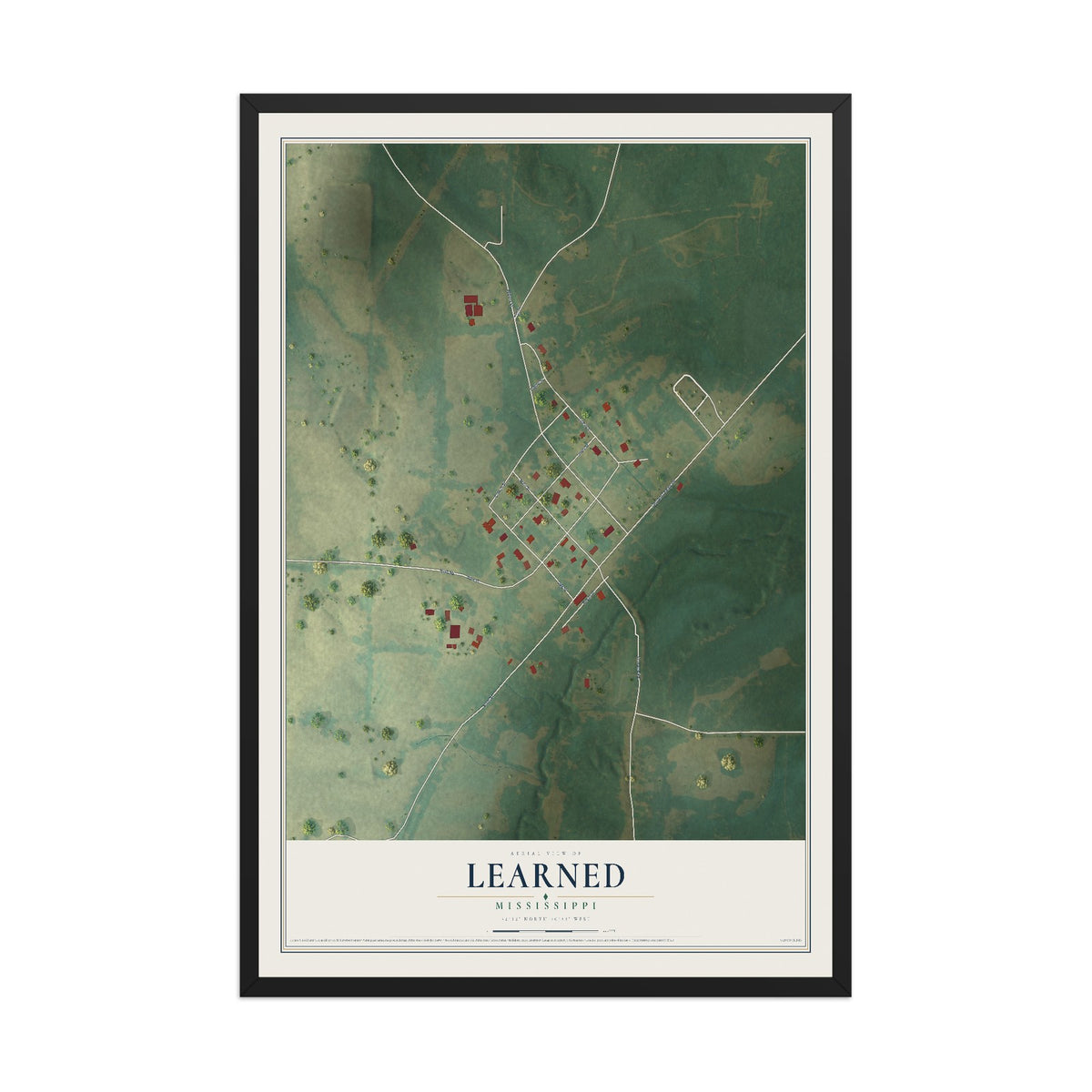 Map of Learned, Mississippi, 12 x 18 inch print in a black wood frame