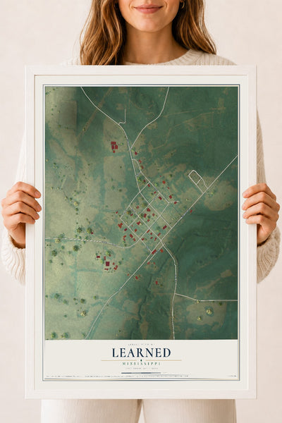 Map of Learned, Mississippi, 18 x 24 inch print in a white wood frame