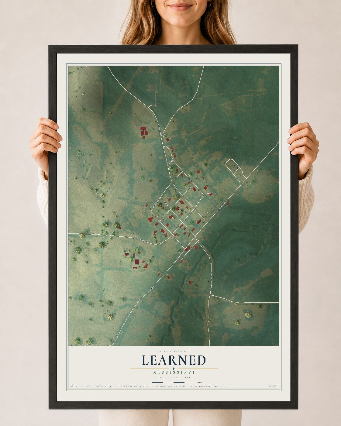 Map of Learned, Mississippi, 24 x 36 inch print in a black wood frame