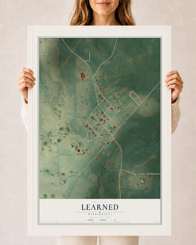Map of Learned, Mississippi, 24 x 36 inch print in a white wood frame