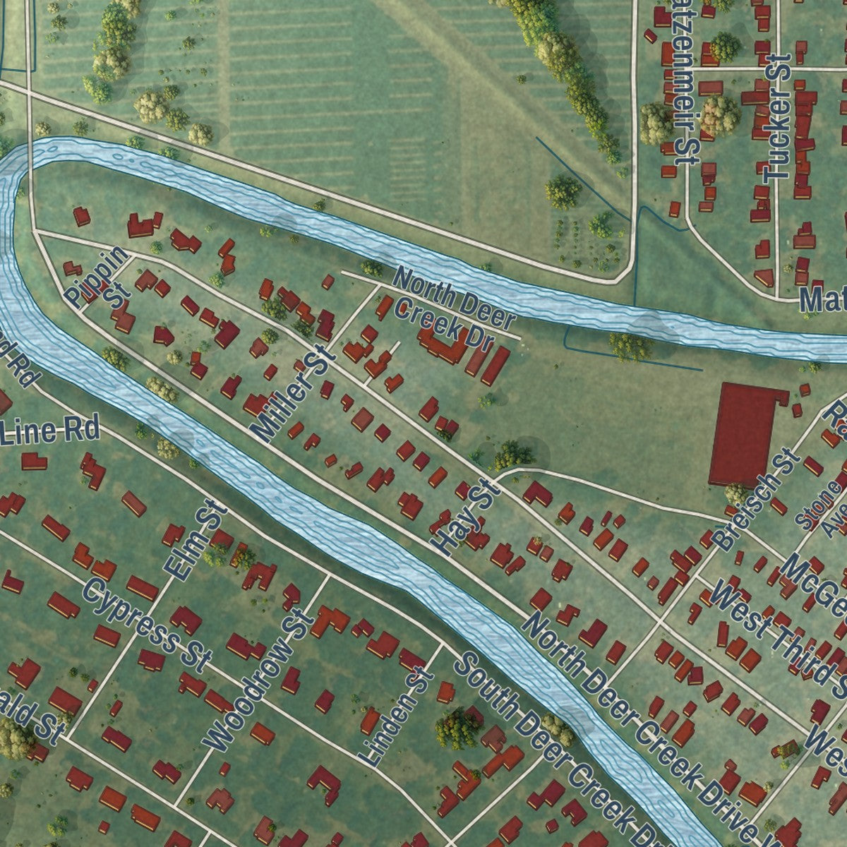 Second close-up of the map of Leland, Mississippi print showing more streets and buildings