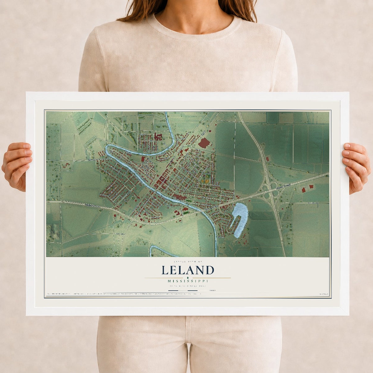 Map of Leland, Mississippi, 12 x 18 inch print in a white wood frame
